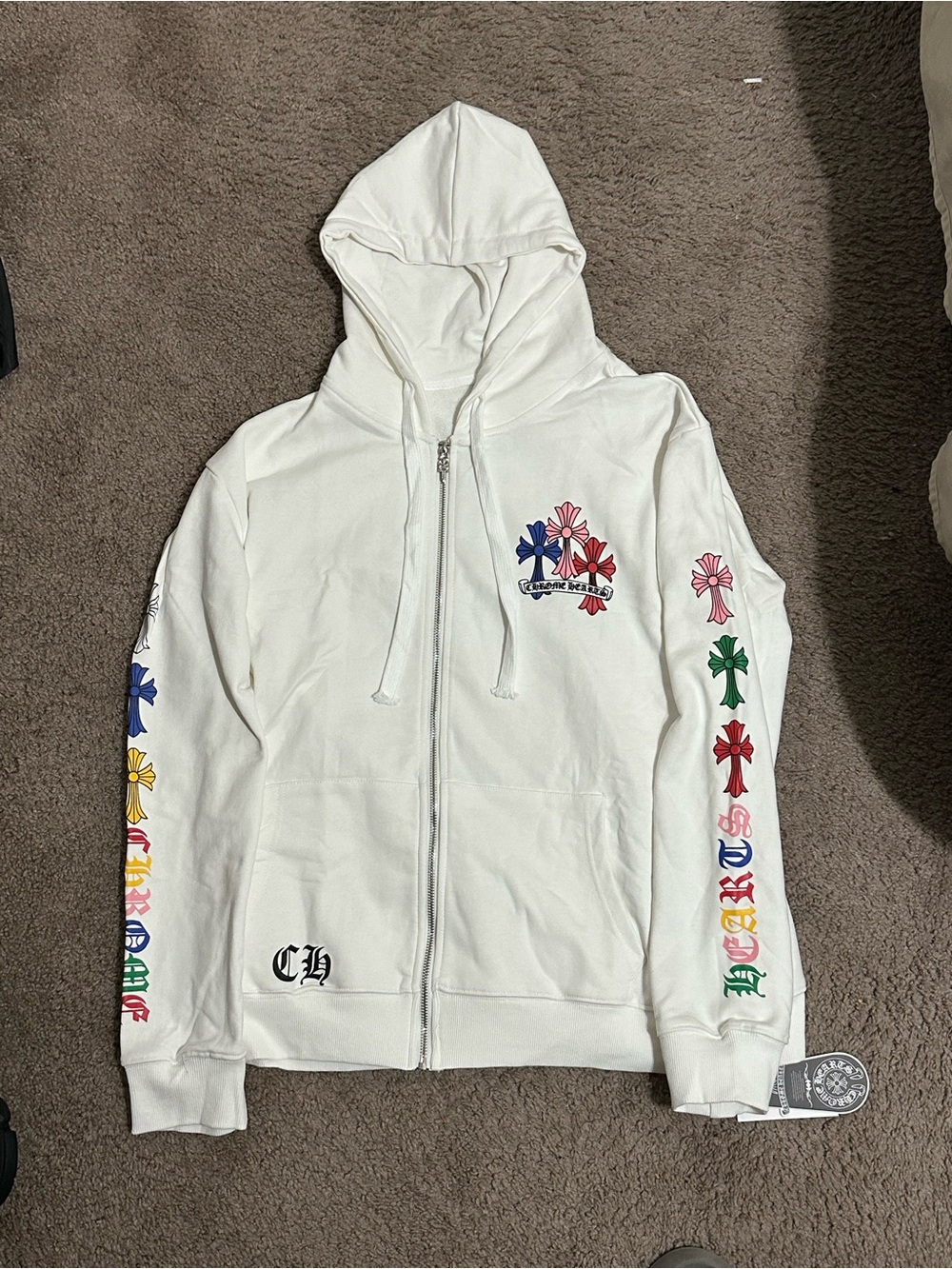 White Zip-Up Hoodie with Multicolor Cross Sleeve Accents